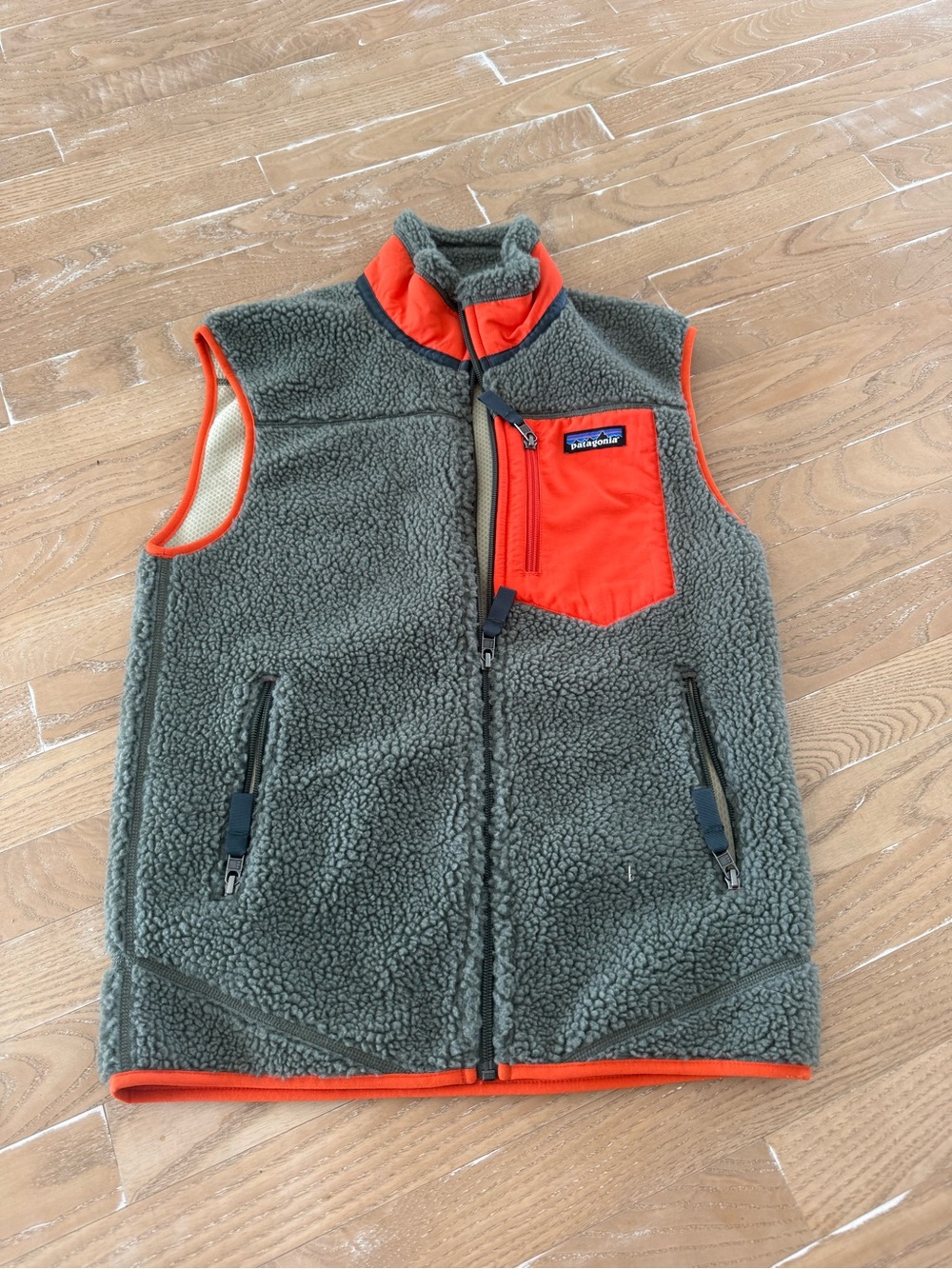 Patagonia Olive Green Sherpa Fleece Vest with Bright Orange Accents